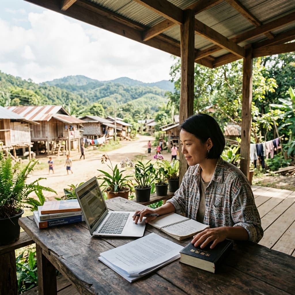 Missionary studying online from a rural ministry setting.