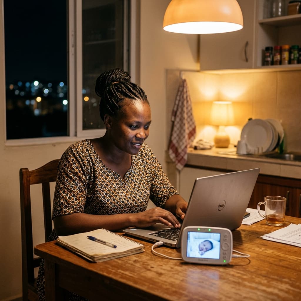 Parent studying online at night from a kitchen table.
