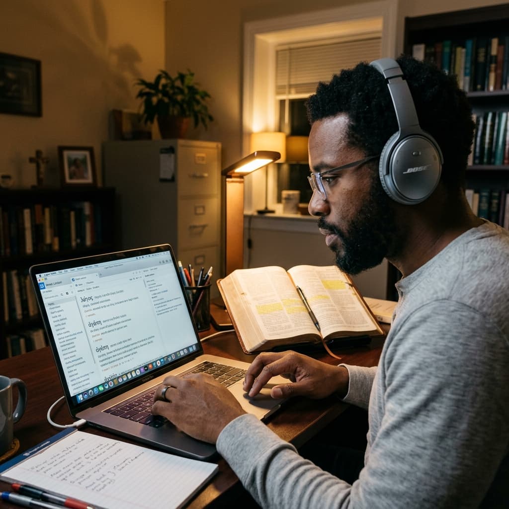 Pastor studying online at home with a laptop, Bible, headphones, and notes.