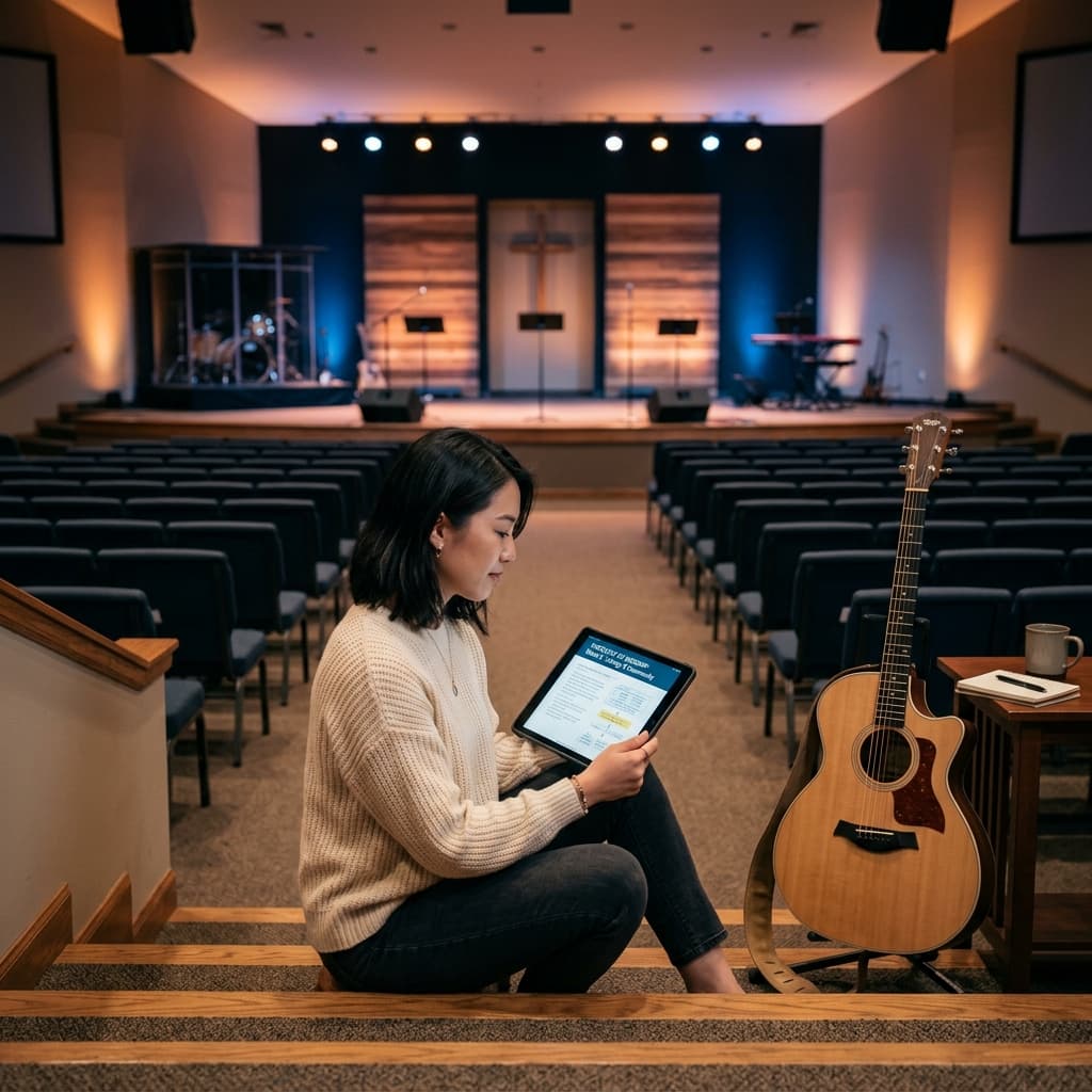 Worship leader studying ministry coursework on a tablet in a church space.