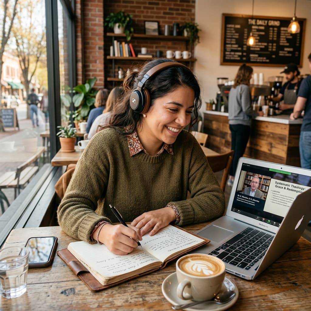 Online undergraduate student taking notes during a theology lecture in a cafe.