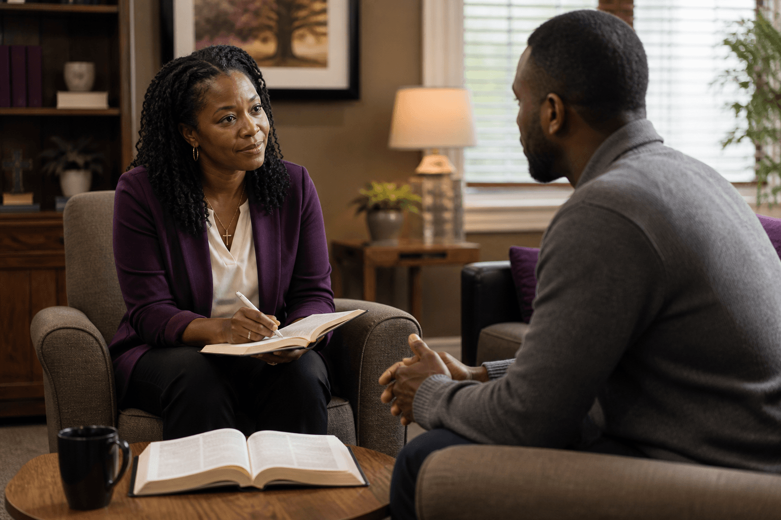 Pastoral counseling conversation in a warm church office with an open Bible nearby.