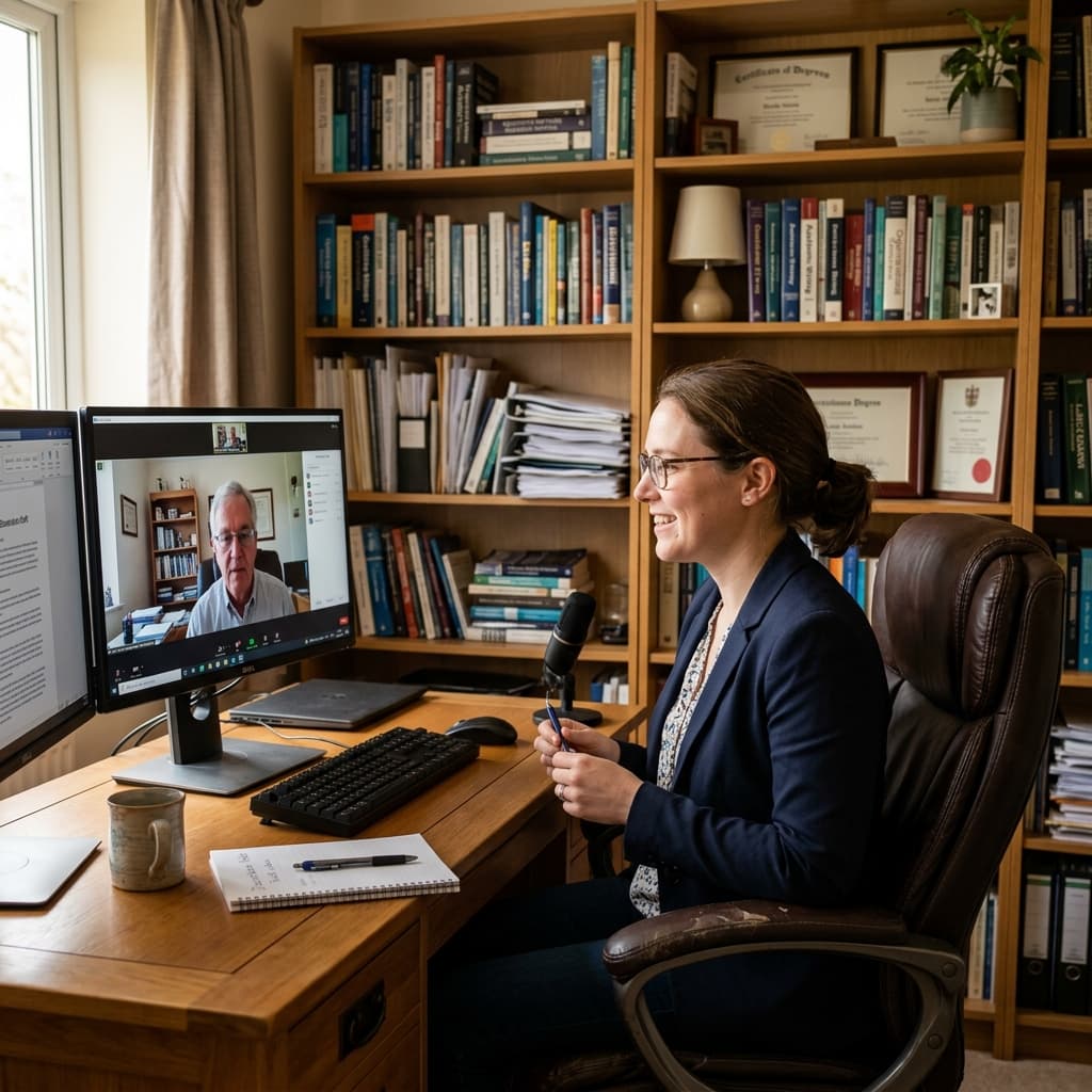 Doctoral ministry student participating in an online academic discussion from a study.
