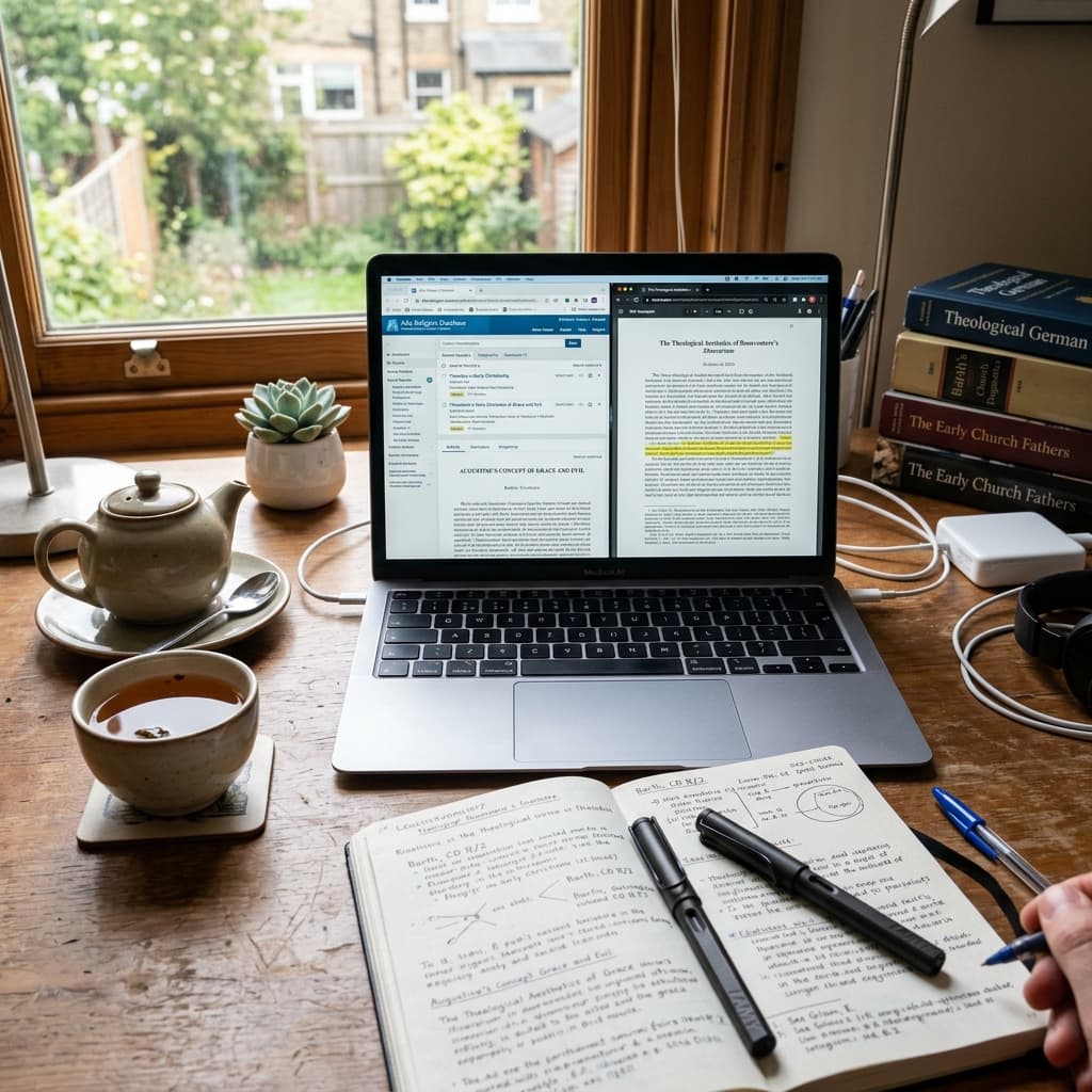 Faith-based care student reviewing online coursework from a home study desk.