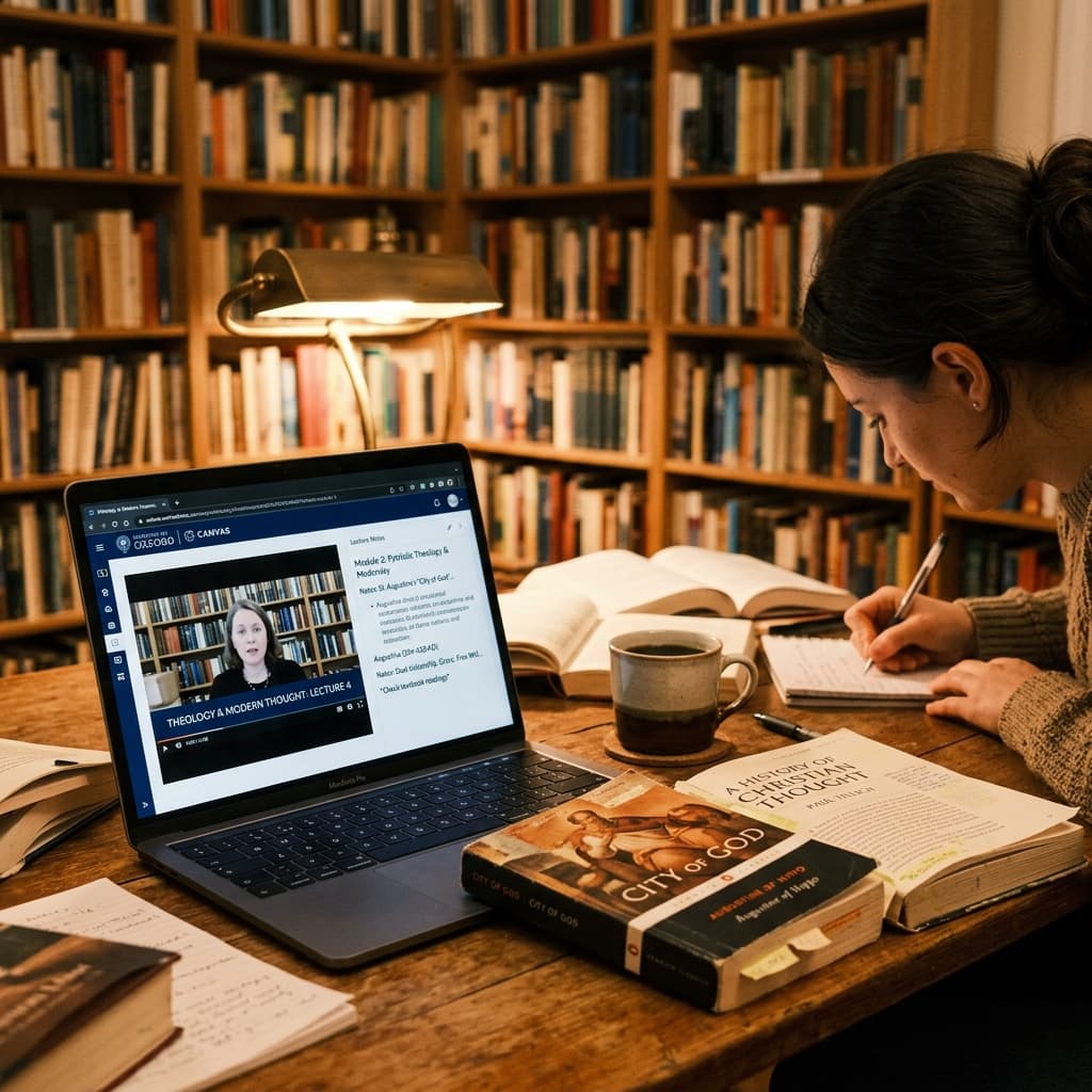 Online Bible student watching a theology lecture beside open books and notes.